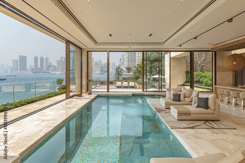Obraz premium Indoor Pool with City Skyline View from a Luxurious Home