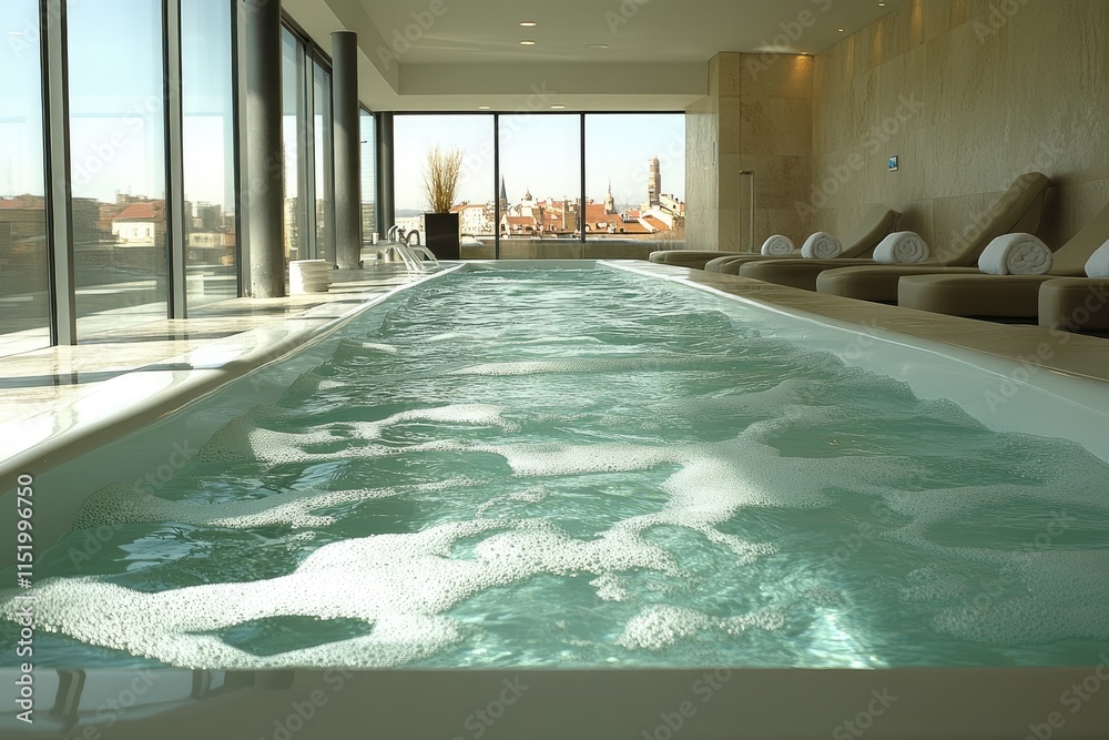 Obraz premium Indoor Pool with Bubbly Water and City View