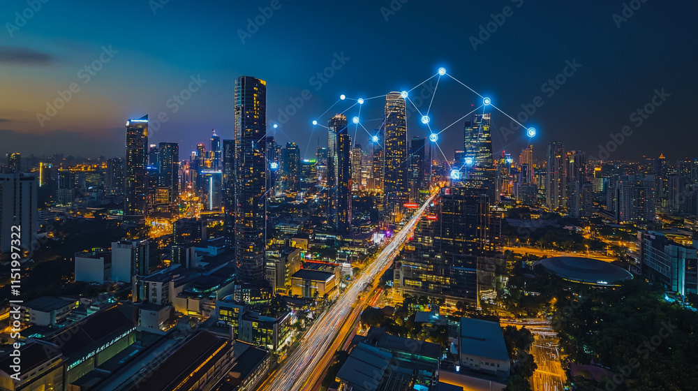 Fototapeta premium Smart digital city with connection cyber security network reciprocity over the cityscape . future smart wireless digital city and social media networking systems that connects people within the city