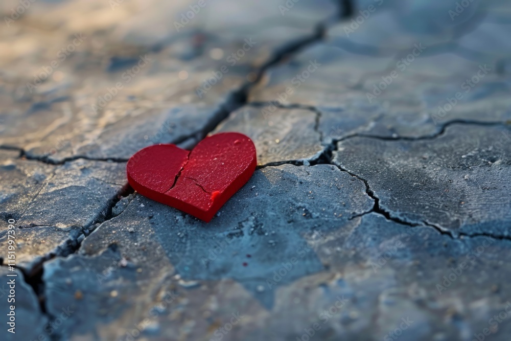Fototapeta premium A heart is broken into pieces on a rocky surface