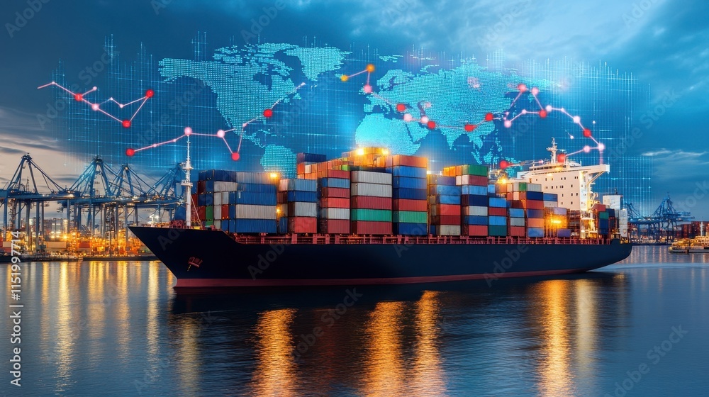 Obraz premium Light beams forming global trade routes with economy charts, conceptual business art