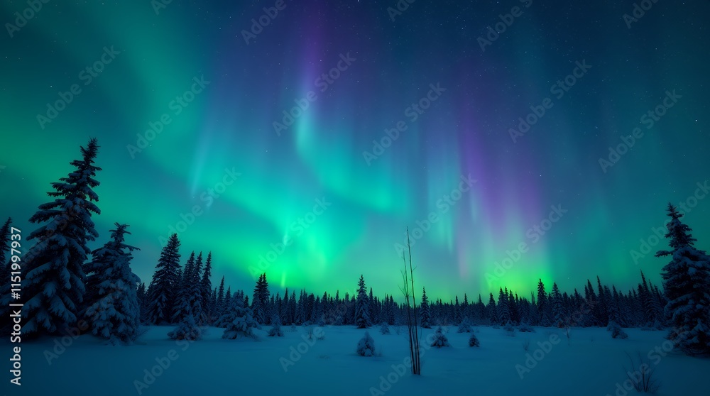 Fototapeta premium Aurora Borealis over Snowy Forest: A Breathtaking Night Scene