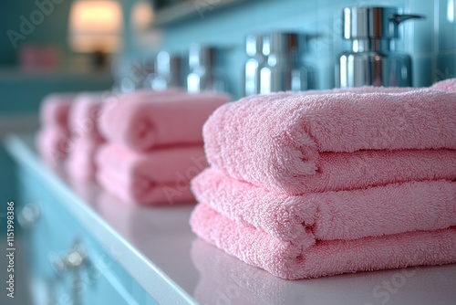 Rolled Pink Towels on a White Countertop in a Bathroom photo