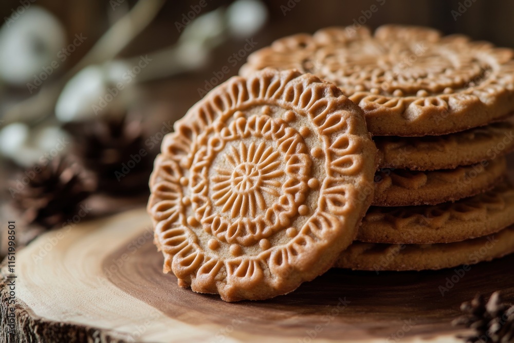 Delicate patterned biscuits stacked on wooden surface Delicate patterned biscuits stacked on wooden surface