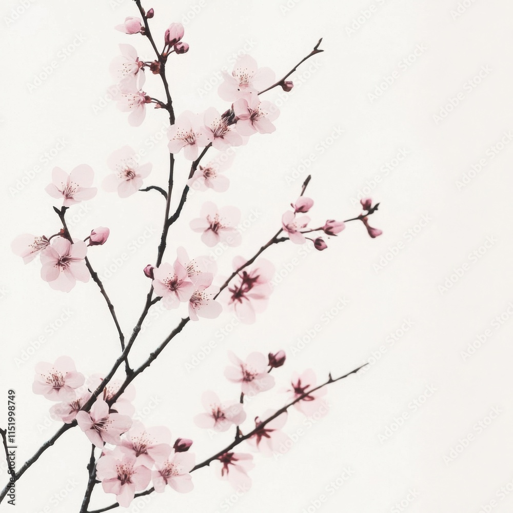 Delicate pink cherry blossom branches against a white background, creating an elegant and serene floral spring design illustration. Delicate pink cherry blossom branches against a white background, creating an elegant and serene floral spring design illustration.