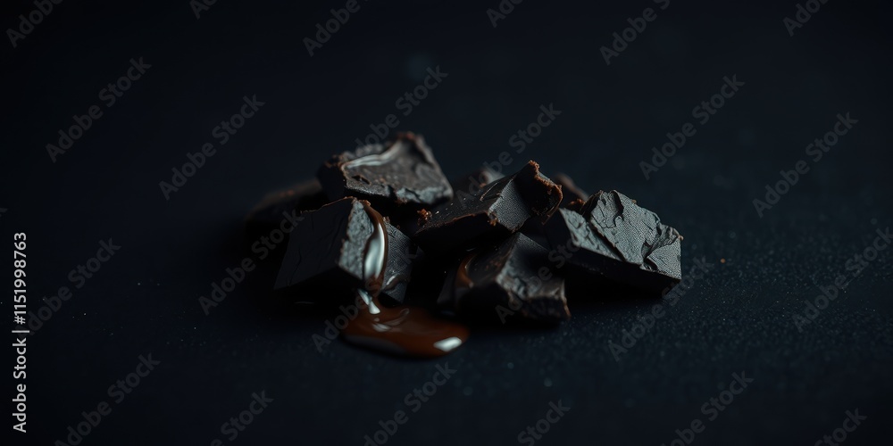 A closeup of dark chocolate squares melting on a black background. The chocolate has a rich, dark color and a smooth, glossy texture. The melted chocolate creates a pool of liquid chocolate. A closeup of dark chocolate squares melting on a black background. The chocolate has a rich, dark color and a smooth, glossy texture. The melted chocolate creates a pool of liquid chocolate.