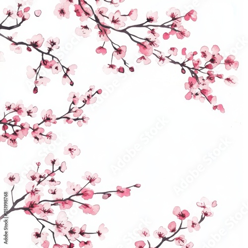 Delicate pink cherry blossom branches against a white background, creating an elegant and serene floral spring design illustration. photo
