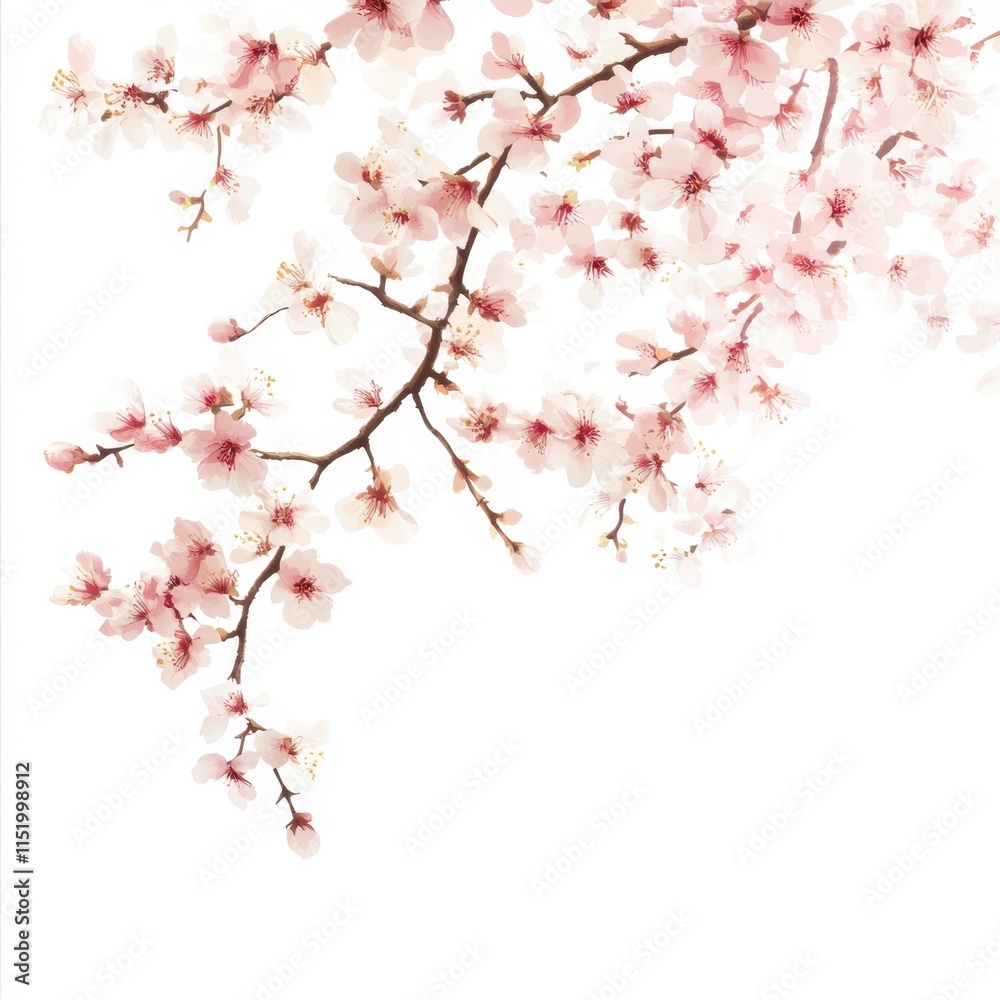 Delicate pink cherry blossom branches against a white background, creating an elegant and serene floral spring design illustration. Delicate pink cherry blossom branches against a white background, creating an elegant and serene floral spring design illustration.