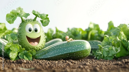 Cheerful 3D cartoon animation depicting zucchini vines with a friendly smiling appearance and a mischievous worm wiggling across one of the vines all set against a clean white background