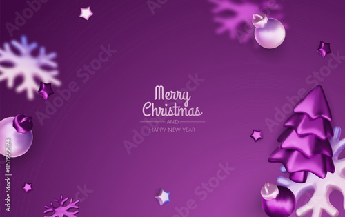 Happy New Year and Merry Christmas. Christmas holiday background with realistic 3d objects, bauble balls, conical metal stars. Levitation falling design composition.
