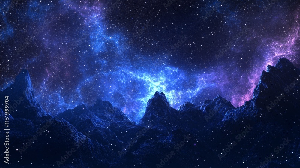 A cosmic landscape featuring dark mountains under a starry night sky with vibrant colors. A cosmic landscape featuring dark mountains under a starry night sky with vibrant colors.