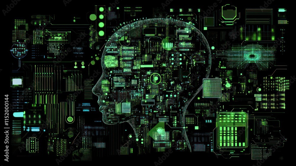A digital representation of a human head filled with circuitry and technology elements. A digital representation of a human head filled with circuitry and technology elements.