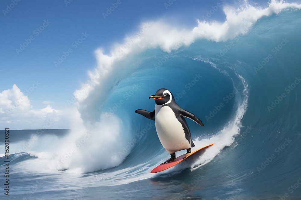 Fototapeta premium Penguin Surfing A Massive Wave