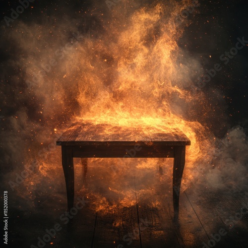 Dramatic wooden table set against a backdrop of intense flames, swirling smoke, and flying sparks, creating a fiery and dynamic atmosphere. photo