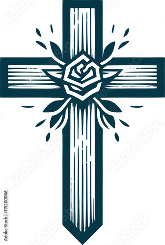 Woodcut-style cross with a central rose and decorative leaves, suitable for religious or artistic use