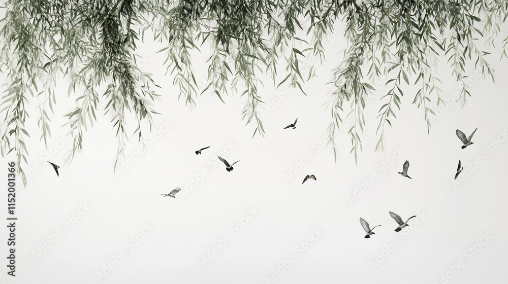 Fototapeta premium Birds flying beneath delicate willow branches in a serene atmosphere during early morning light
