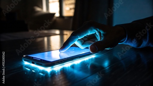 Hand Using Smartphone in Dark Environment, Technology and Connectivity Mobile Phone in Low Light, Illuminated Screen of Smartphone in a Dark Workspace.