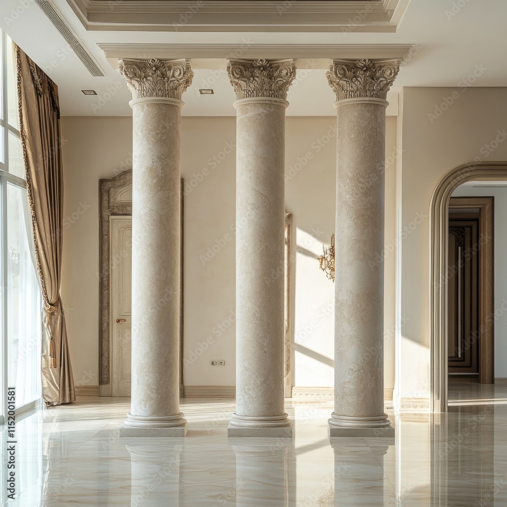 Fototapeta premium Elegant marble pillars showcasing classical architectural beauty, with intricate details and a refined finish that adds a touch of grandeur to any space.