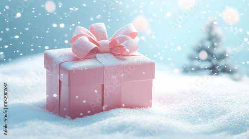 A pink gift box with a pink bow sits on top of a snowy field photo