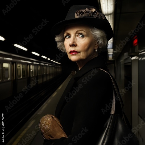 Elegant mature woman waiting on a metro platform, exuding sophistication and grace amidst the dynamic urban environment. photo