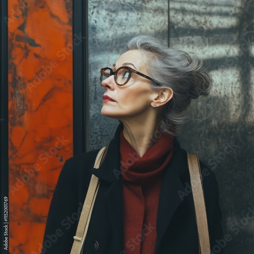 Elegant mature woman waiting on a metro platform, exuding sophistication and grace amidst the dynamic urban environment. photo