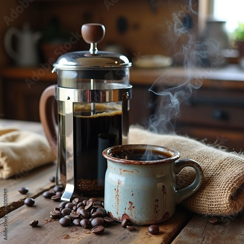 Rustic Coffee Scene with French Press and Steaming Coffee 1