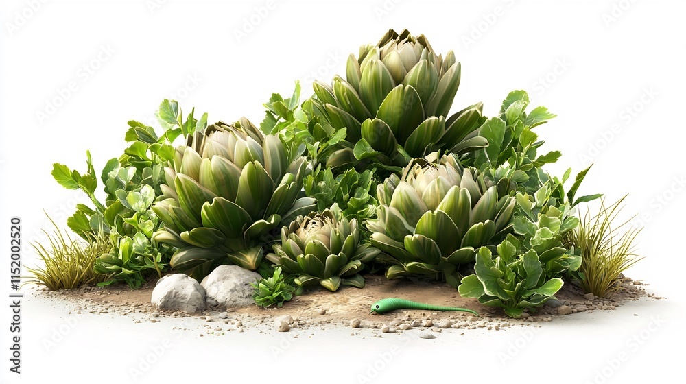 Obraz premium A 3D cartoon animation depicting a patch of artichokes nervously watching a worm near their base isolated on a white background The artichokes are shown in a cautious