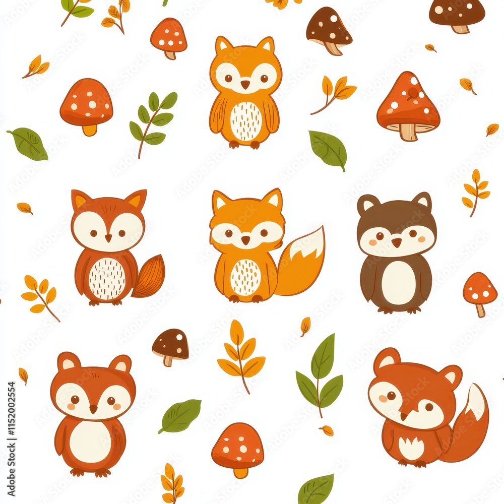 Obraz premium A cheerful woodland animal pattern featuring cartoon bears, foxes, and owls playing among mushrooms, leafy vines, and flowers in warm autumnal hues of orange, brown, and green. 