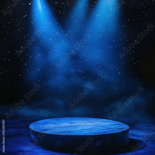 Empty stage illuminated by a vibrant blue spotlight, set against a starry background, creating a dramatic and captivating atmosphere. photo