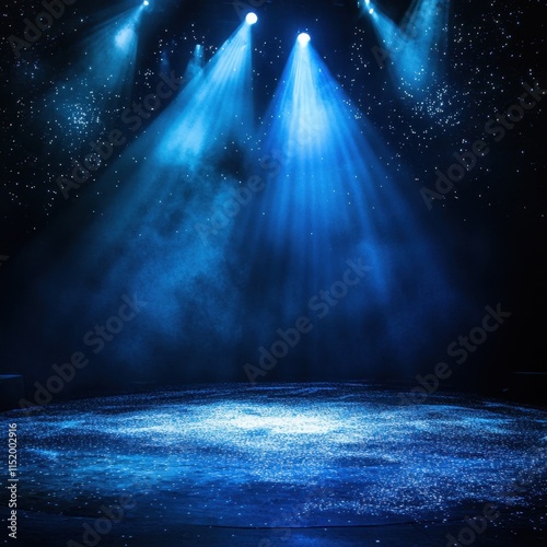Empty stage illuminated by a vibrant blue spotlight, set against a starry background, creating a dramatic and captivating atmosphere. photo