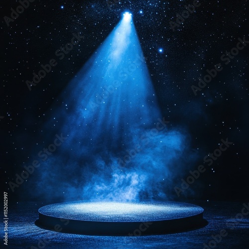 Empty stage illuminated by a vibrant blue spotlight, set against a starry background, creating a dramatic and captivating atmosphere. photo