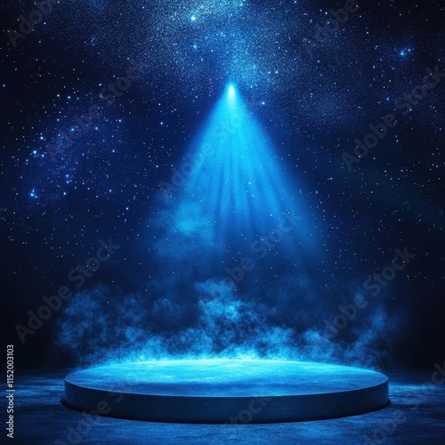 Empty stage illuminated by a vibrant blue spotlight, set against a starry background, creating a dramatic and captivating atmosphere. photo