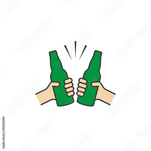 Hands holding beer bottles. Clink, cheers and toasting. Color outline vector illustration white background. Two bottles of beer are held in hands.