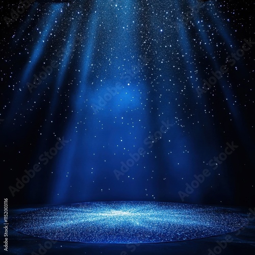 Empty stage illuminated by a vibrant blue spotlight, set against a starry background, creating a dramatic and captivating atmosphere. photo