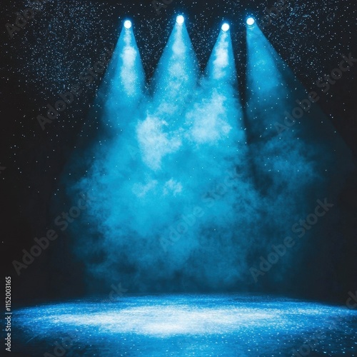 Empty stage illuminated by a vibrant blue spotlight, set against a starry background, creating a dramatic and captivating atmosphere. photo