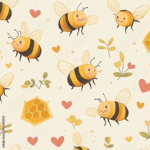 A delightful bee-themed pattern featuring cheerful cartoon bees buzzing among colorful flowers, honeycombs, and tiny hearts in bright shades of yellow, orange, and pink on a pale cream background. 