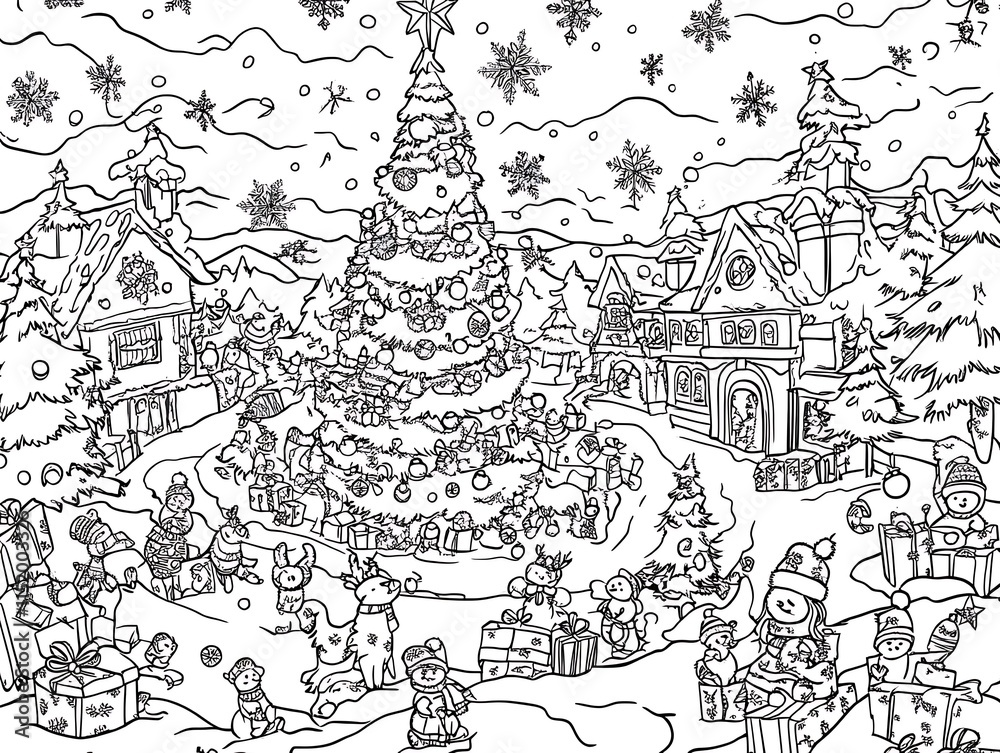 Naklejka premium Snowy Christmas Village Coloring Page Illustration