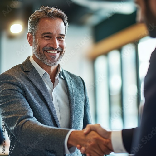 A 40-year-old businessman, smiling confidently, shakes hands with his partner following the successful signing of an agreement during an office meeting. photo