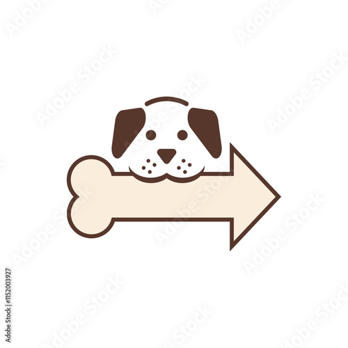 A puppy dog holds a large bone in its mouth in the shape of an arrow pointer.