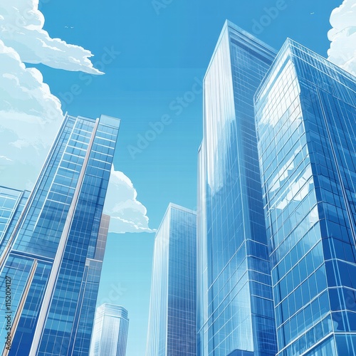 A banner illustration featuring reflective glass skyscrapers and office buildings against a backdrop of blue sky and clouds. photo