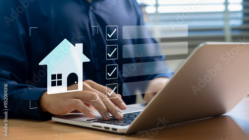 Real estate checklist concept, A professional organizing real estate tasks on a laptop using a digital checklist, streamlining property management and housing investments with innovative tools.