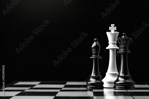 Black chess king defeated white king, evil vs good, checkmate illustration, copy space, Generative AI photo