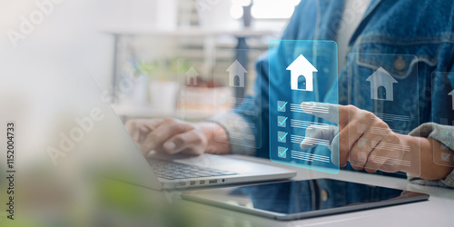 Real estate checklist management concept, A professional managing real estate services on a laptop, with a digital checklist property evaluations, and investment strategies efficiently.