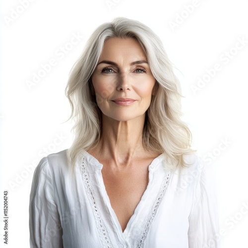 A beautiful 50s mid-aged mature woman stands isolated against a white background, embodying the elegance and grace of skincare and beauty. photo