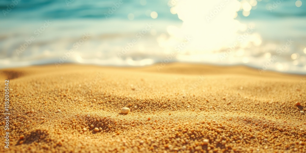 Close-up view of golden sand on a beach with the sparkling blue ocean in the background Close-up view of golden sand on a beach with the sparkling blue ocean in the background