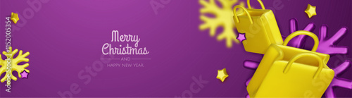 Happy New Year and Merry Christmas. Christmas holiday background with realistic 3d objects, bauble balls, conical metal stars. Levitation falling design composition.