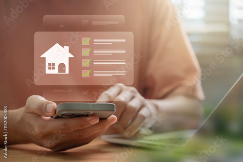 Real estate checklist management, Hands interacting with a smartphone to manage real estate tasks, accessing digital tools for housing evaluations, property management, and checklist planning.