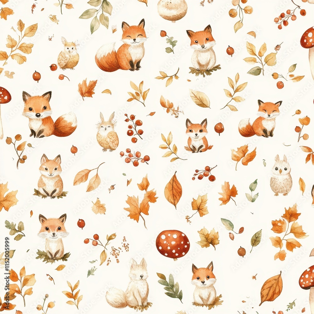 A delightful woodland-themed pattern showcasing playful foxes, owls, and rabbits surrounded by mushrooms, berries, and autumn leaves in warm earthy tones of orange, brown, and gold. A delightful woodland-themed pattern showcasing playful foxes, owls, and rabbits surrounded by mushrooms, berries, and autumn leaves in warm earthy tones of orange, brown, and gold.