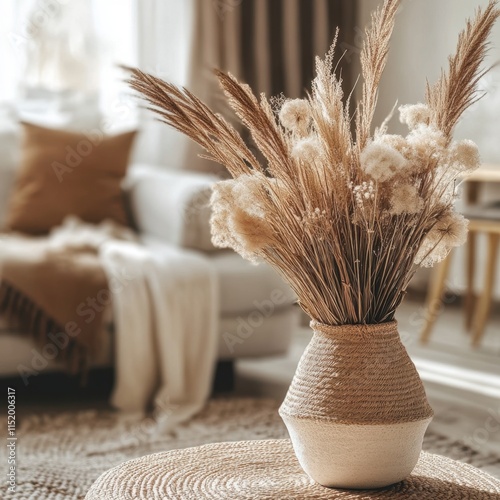 A beautiful dry grass bouquet elegantly arranged in a vase, set against the backdrop of a cozy boho living room with a soft, blurry background, providing ample copy space. photo