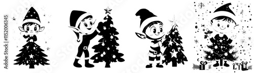 A charming Christmas elf, dressed in classic green and red attire, happily decorates a tree with vibrant ornaments, embodying the enchantment of the holiday season.